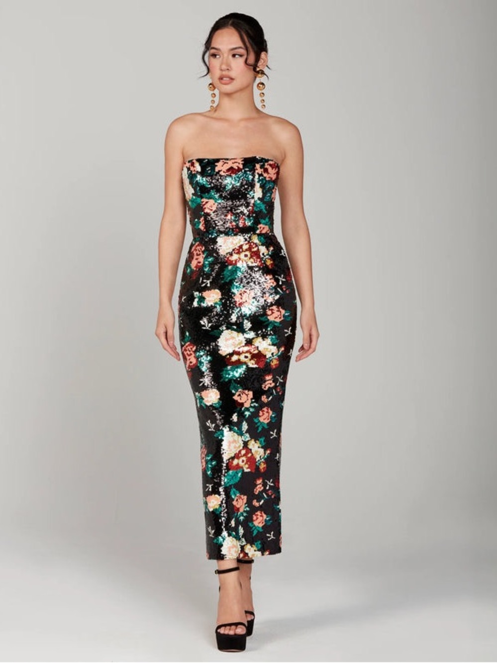 Helsi Leslie Strapless Sequin Sheath Midi Dress in black Floral Size XS NWT